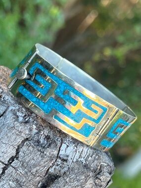 Vintage Alpaca Mexico Turquoise Chip Panel Bracelet Size 7.25